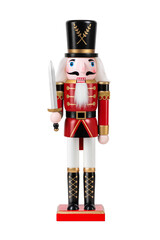 Wooden Nutcracker Soldier dressed in a red and gold uniform isolated on a transparent background,...