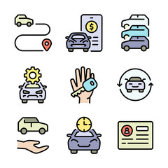 Car Sharing icons set includes driver, dealing, checking, license, app, sell route. Related car rent, repair, transport, and travel. Color symbols vector collection
