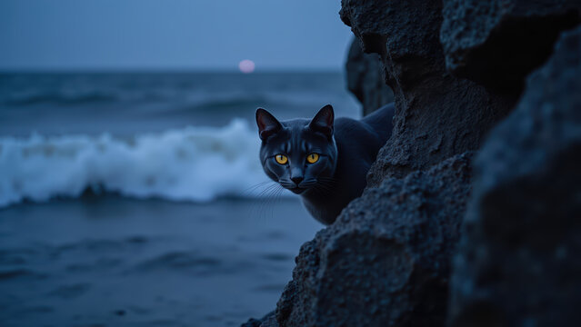 Mysterious cat with striking yellow eyes peers from behind rocky shoreline at dusk, with ocean waves crashing in background - Powered by Adobe