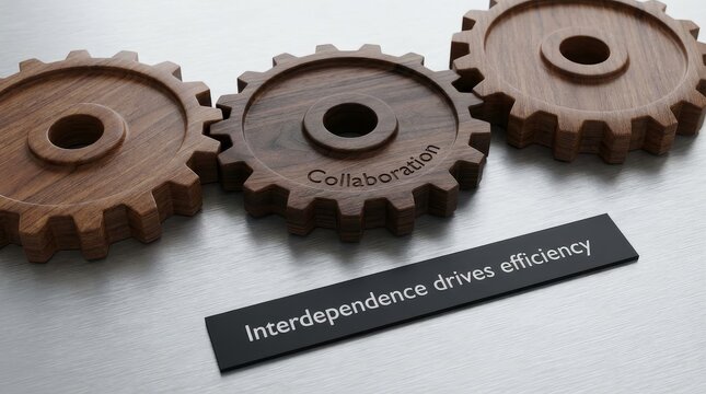 Wooden gears showing collaboration and interdependence driving efficiency