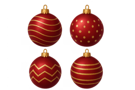Red christmas baubles with gold patterns on transparent background