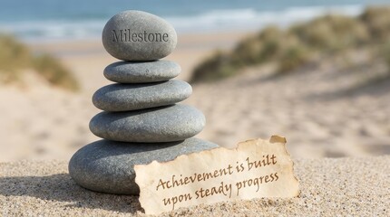 Stack of stones with milestone inscribed on a beach