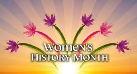 Womens history month celebration with vibrant flowers forming a silhouette against a soft sunrise sky, symbolizing empowerment and growth