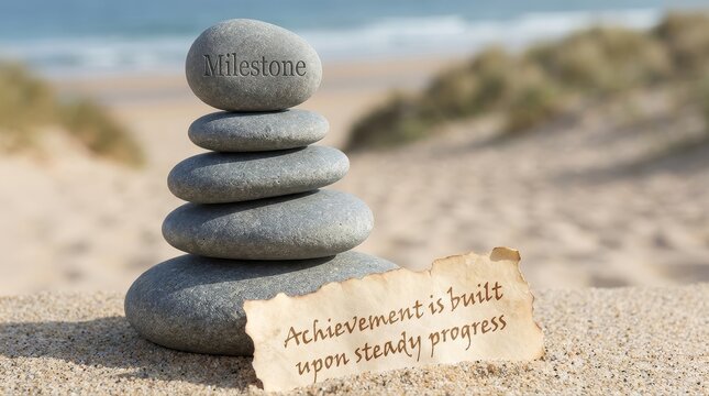 Stack of stones with milestone inscribed on a beach