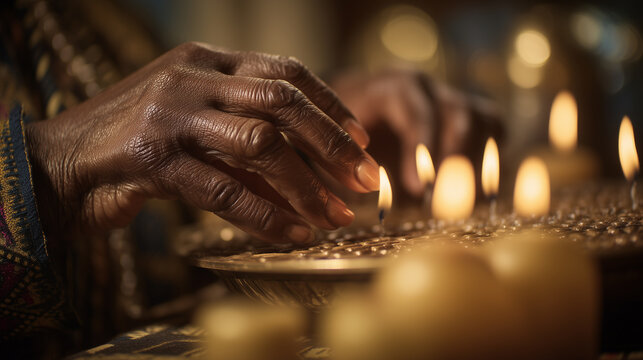 close-up portrait of an elder lighting the kinara candles for Kwanzaa, extreme tactile skin detail
