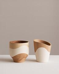 Minimalist Wooden Artisan Cups with Curved Design on Clean Neutral Background