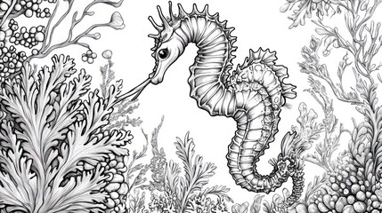 Underwater seahorse, coral reef, grayscale illustration, decorative art, digital design
