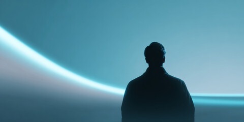 Silhouette of a man standing against a glowing curved light in a dark, minimalistic environment with a futuristic and contemplative atmosphere