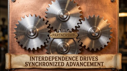 Gears symbolizing partnership and interdependence driving synchronized advancement