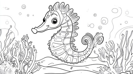 Cute seahorse coloring page underwater scene (1)