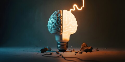 Brain combined with light bulb glowing with energy sparks symbolizing creativity, innovation, intelligence, and powerful idea in 3D concept art