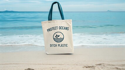 Plastic free sustainable marine concept. Eco-friendly tote bag on a beach, promoting ocean protection and reducing plastic waste.