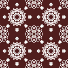 Seamless vector pattern featuring intricate floral and spiral line art in red and white, arranged in symmetrical ornamental motifs for elegant decorative design.