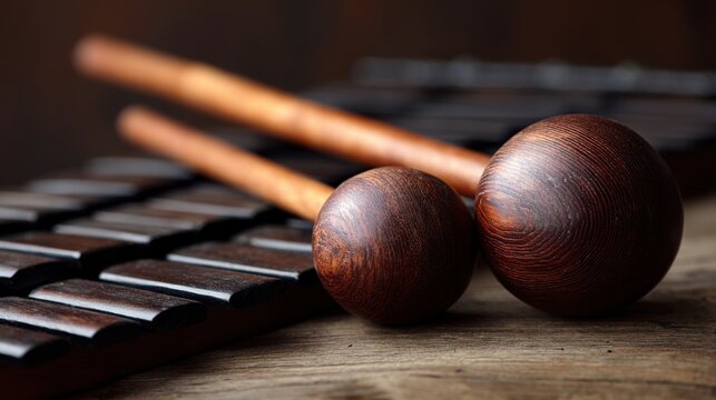 Macro Balafon mallets resting on a wooden musical instrument