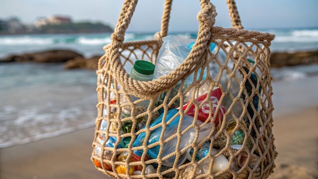 Plastic free sustainable marine concept. A net bag filled with plastic waste sits on a beach, highlighting ocean pollution issues.