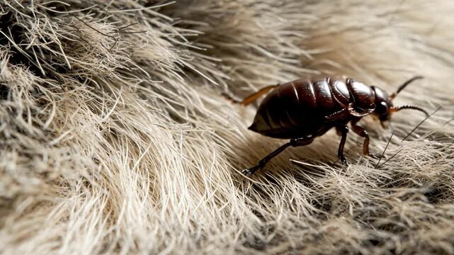 Macro close-up of a brown flea crawling on light animal fur. This detailed image illustrates pet parasite problems and hygiene issues. Ideal for veterinary or pest control content.