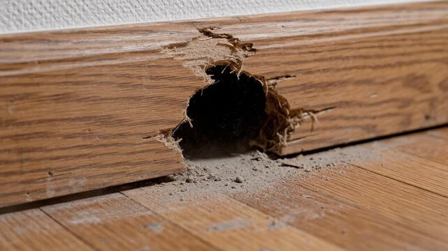 Close up of gnawed hole in wooden skirting board near floor. Scene depicts pest damage and rodent infestation issues. Ideal for pest control services and home repair visuals.