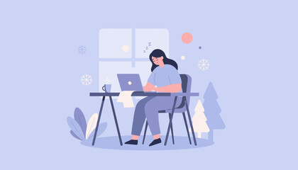 Tired woman falls asleep working remotely on a laptop in a winter home office illustration