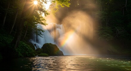 Forest waterfall with a rainbow arc in the summer sunlight over the landscape of trees and misty water in nature