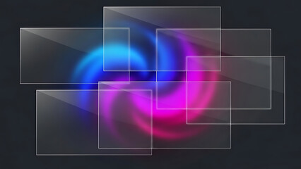 Futuristic abstract neon background with translucent glass squares and geometric shapes for modern tech design.