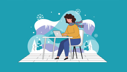 Professional woman working on a laptop against a stylized winter backdrop