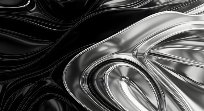 Abstract black and white metallic background texture pattern featuring a flowing liquid wave design