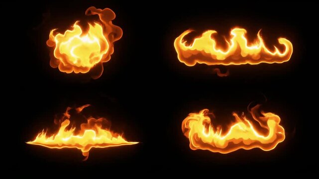 Burning flames animated cartoon style bright orange fire elements isolated on black fiery animation high quality professional