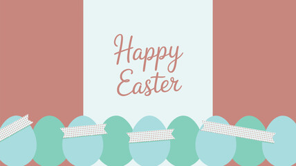 Happy easter greeting card with pastel colored eggs and decorative ribbons on a soft background