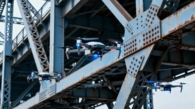 Medium shot of multiple drones scanning a complex bridge framework demonstrating precision in accessing hardtoreach structural components for maintenance.