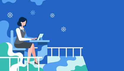 Professional woman working on laptop outside during winter snowfall illustration