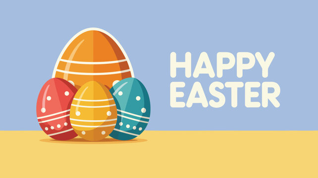 Colorful easter eggs with happy easter text on a blue and yellow background