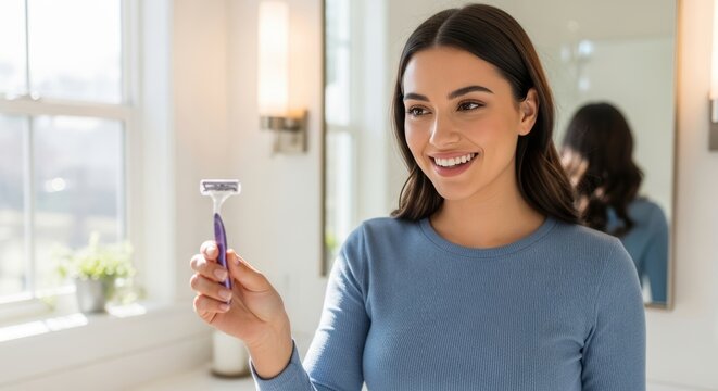 Young woman in blue shirt smiling and holding razor, in bathroom setting.