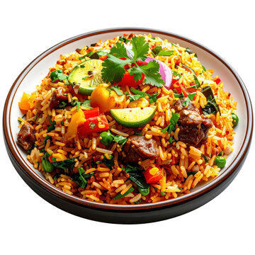 Arroz chaufa peruvian fried rice with chicken vegetables and soy sauce a popular chifa cuisine dish isolated on white background