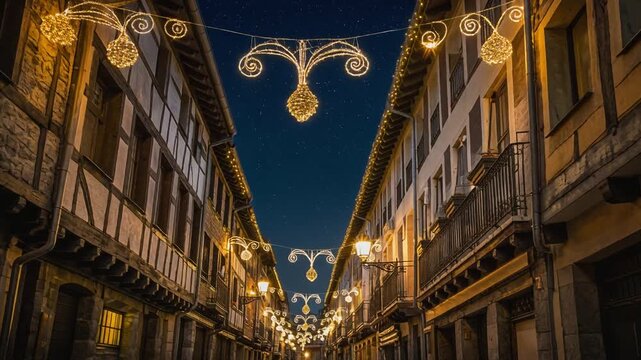 calle estrecha de un casco antiguo, iluminada con luces navide&ntilde;as c&aacute;lidas que bordean los tejados y balcones de edificios de piedra y madera, creando un ambiente festivo y acogedor durante la noche.