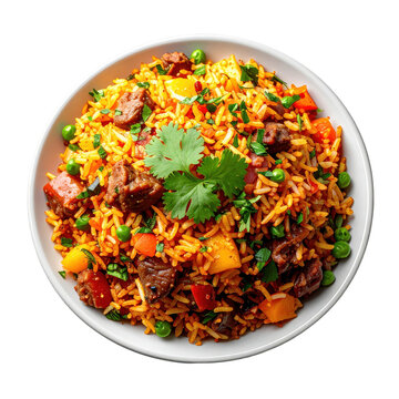 Arroz chaufa peruvian fried rice with chicken vegetables and soy sauce a popular chifa cuisine dish isolated on white background