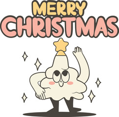 Retro Christmas cheer with a dancing tree character and sparkling stars, perfect for holiday greetings and festive designs, bringing joy and vintage vibes!