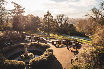 Beautiful, scenic view of frosted Victorian Richmond Hill Park with Bulbous Betty in the foreground on a cold day in Richmond, London, England, UK