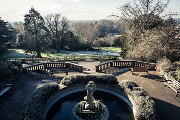 Beautiful, scenic view of frosted Victorian Richmond Hill Park with Bulbous Betty in the foreground on a cold day in Richmond, London, England, UK