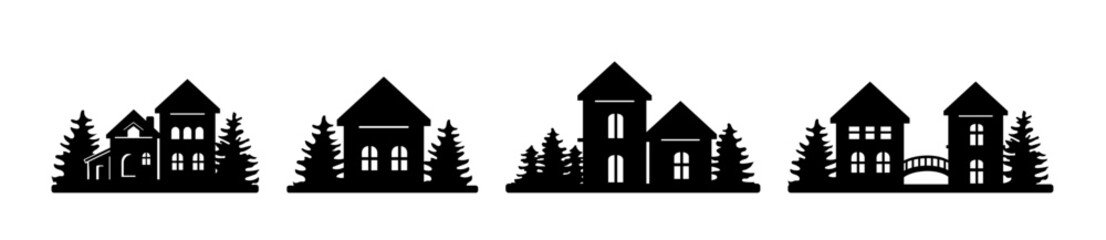 Beautiful town and village silhouette. Winter houses on white background. landscape with trees and houses template vector. Christmas crafts and festive illustration.