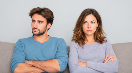 Unhappy young caucasian couple sitting back to back on sofa with arms crossed after argument