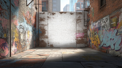 Obraz premium Urban background filled with graffiti on brick walls and cracked concrete, ideal for gritty cityscape designs or rebellious themes in visuals.