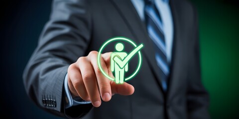Businessman pressing virtual user check icon, concept of customer approval, human resources selection, recruitment, and digital verification process