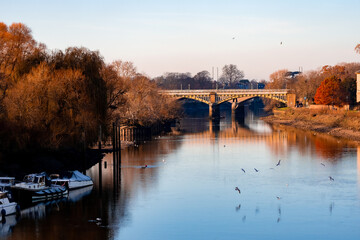 Beautiful, scenic scene on the banks of the River Thames in Richmond, Central London, England, UK, in late autumn, early winter