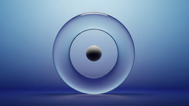Abstract 3D render of a geometric sphere surrounded by concentric transparent rings on a vibrant blue gradient background