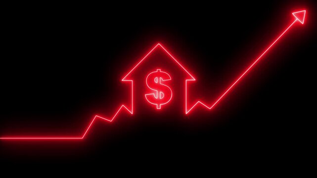 Home icon house sign neon lights animation with up arrow Dollar increase. Neon House, home building animation. Neon home business graph icon animation. 4K video