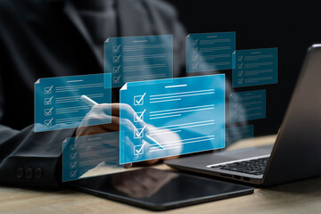 Checklist and Digital Document Approval Concept, Businessman Marking Verified Items Online, Streamlining Paperless Processes, Accelerating Workflow, Enhancing Business Accuracy and Response Efficiency