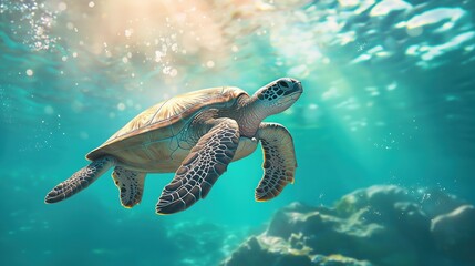 Obraz premium Sea turtle swimming gracefully in clear turquoise ocean water with sun rays