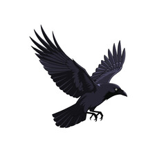 Obraz premium A dark raven, depicted in a stylized vector illustration, is shown in flight with its wings spread wide against a white background.