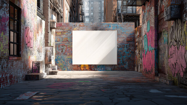 White canvas in graffiti covered alley. Ideal for urban art or street photography backgrounds, urban design concepts, or artistic presentations.
