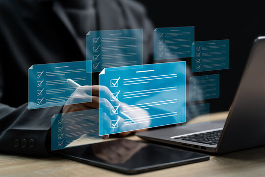 Checklist and Digital Document Approval Concept, Businessman Marking Verified Items Online, Streamlining Paperless Processes, Accelerating Workflow, Enhancing Business Accuracy and Response Efficiency